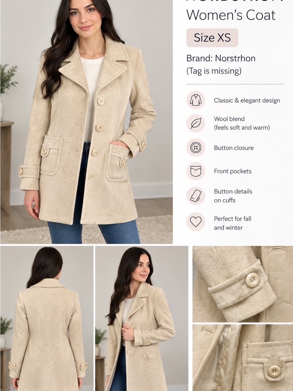Nordstrom Cream Wool-Blend Pea Coat